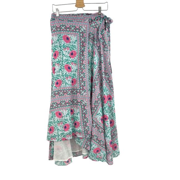Fox in Gown Wrap Skirt Midi Floral Print‎ Teal Green Pink Size Medium Large - Picture 1 of 12